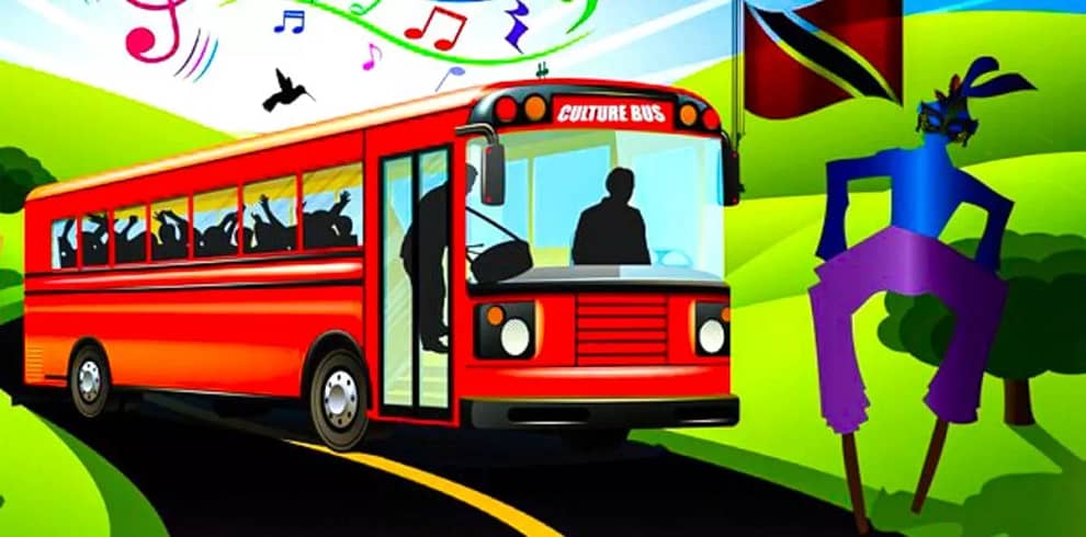artwork of an excursion bus filled with local musicians and revellers