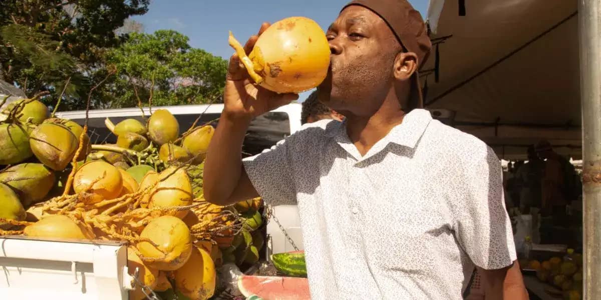 a passerby enjoys a solitary drinking in a cocnut water