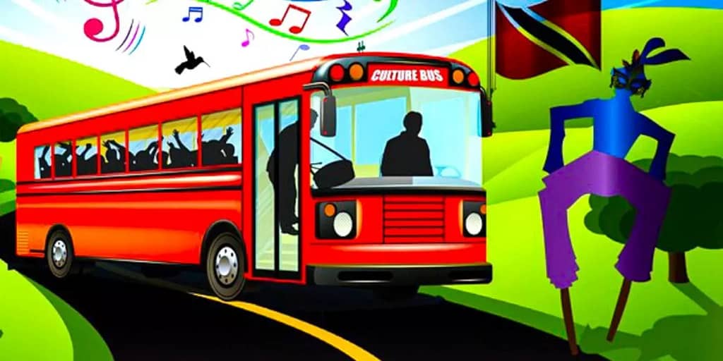 artwork of an excursion bus filled with local musicians and revellers